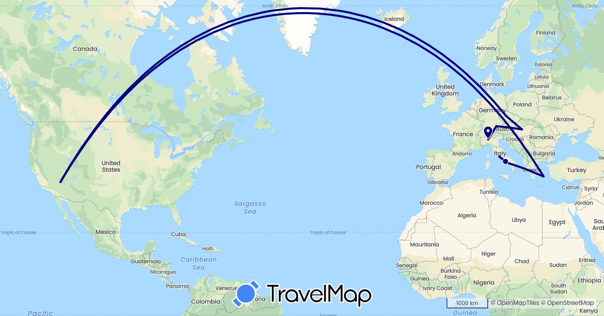 TravelMap itinerary: driving in Czech Republic, Germany, Greece, Hungary, Italy, United States (Europe, North America)